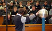Photographs from a lecture demonstration by Alastair Bruce using a Van der Graaf generator.